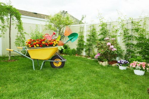 Modern landscaped garden with structured planting and hardscaping